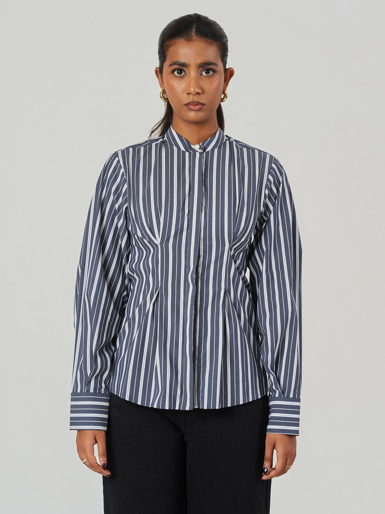 Striped Cotton Blend Tunic Collar Shirt