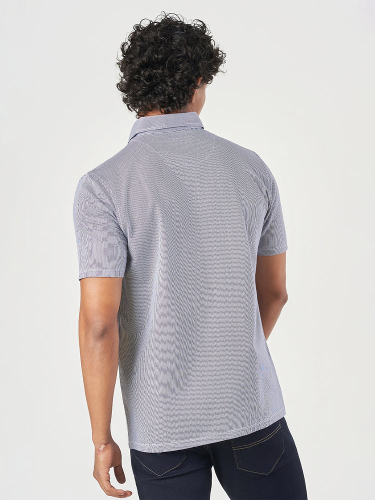 Dark Blue Striped Cotton Polo T-Shirt