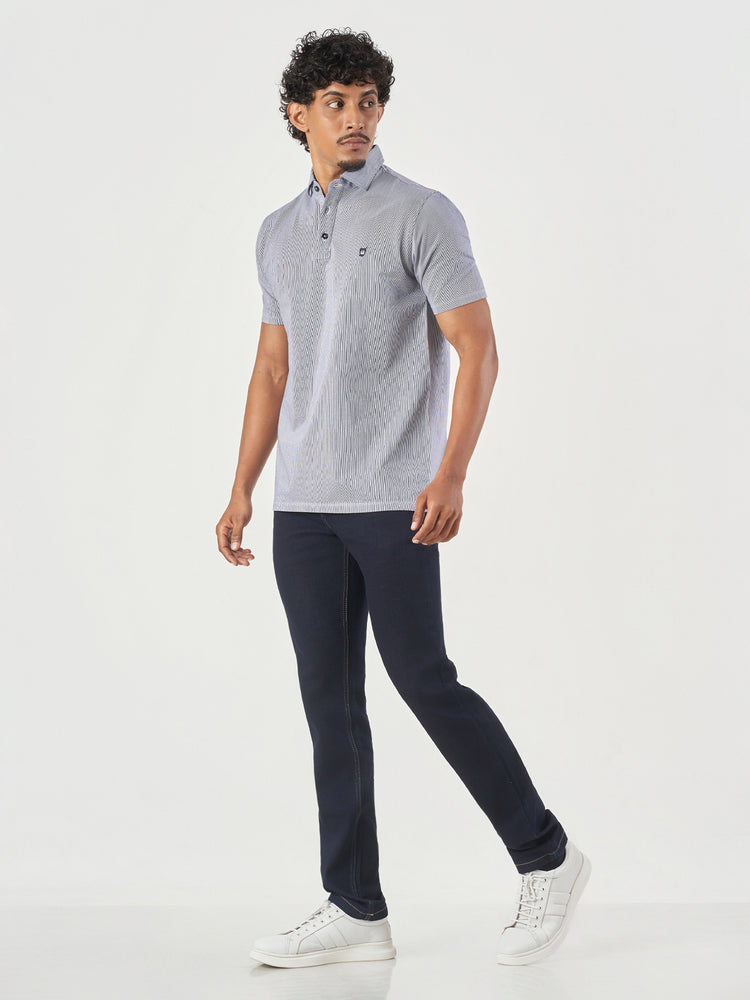 Dark Blue Striped Cotton Polo T-Shirt
