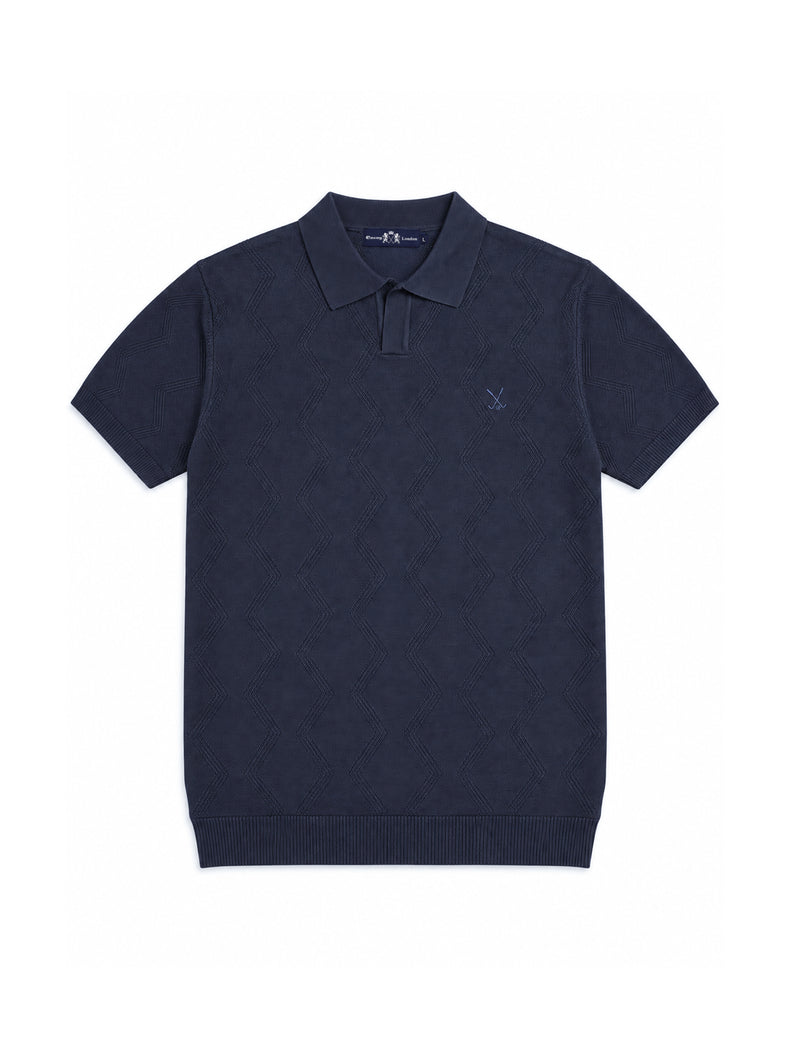 Dark Blue Textured Geometric Knit Regular Fit Polo Shirt