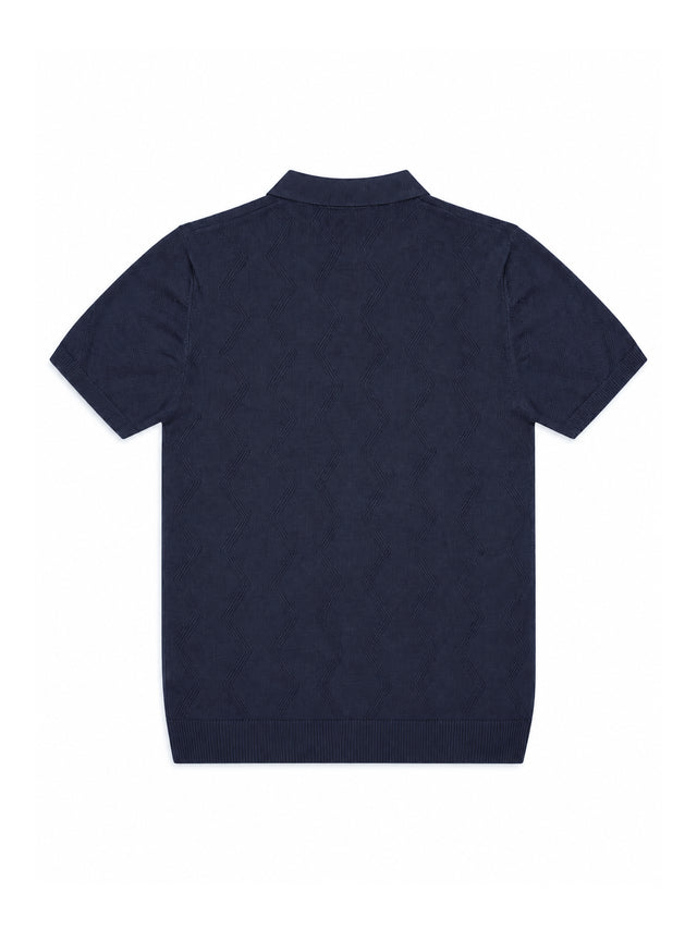 Dark Blue Textured Geometric Knit Regular Fit Polo Shirt