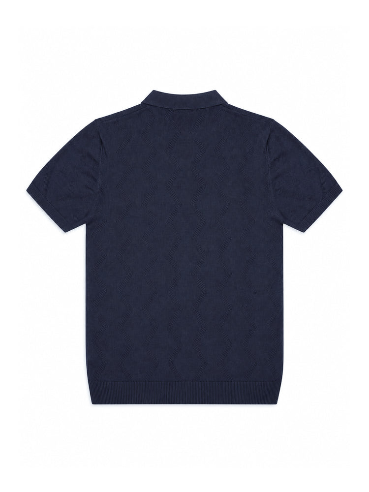 Dark Blue Textured Geometric Knit Regular Fit Polo Shirt