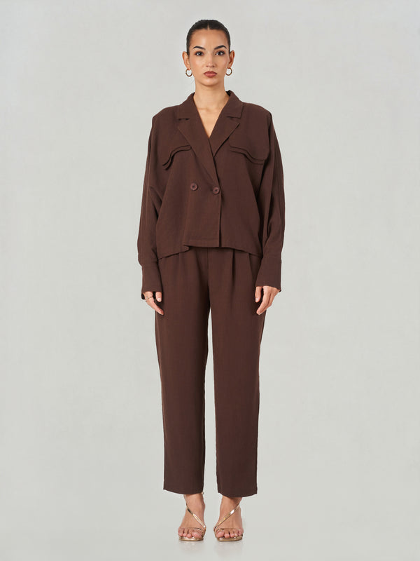Dark Brown Crossover Shirt Trouser Set