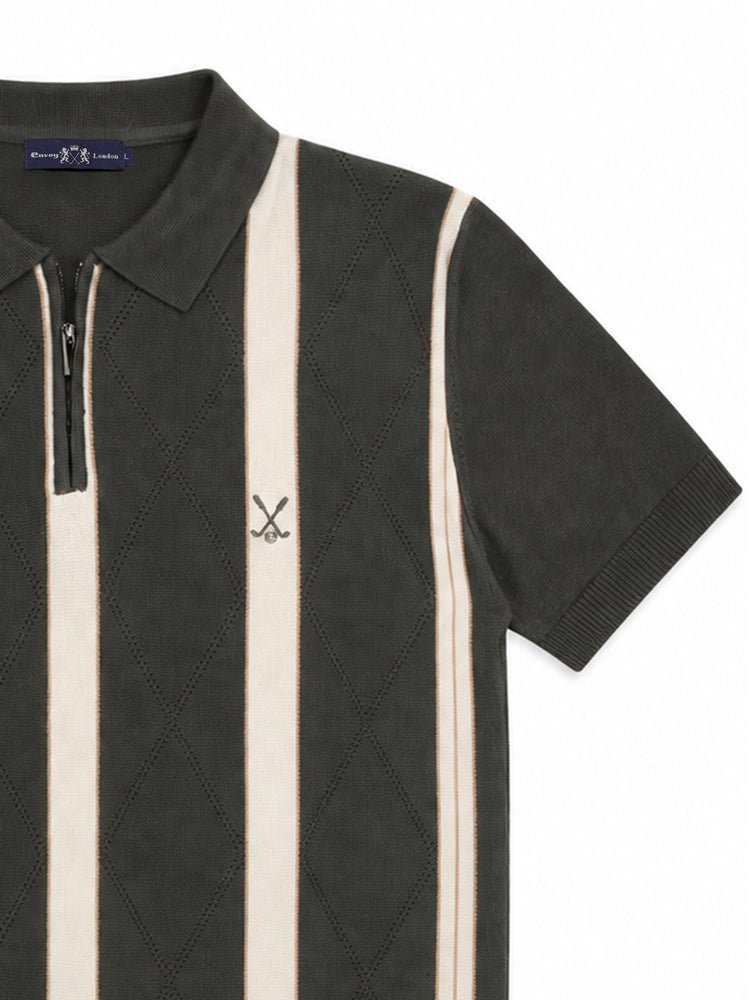 Dark Green Striped Geometric Knit Polo Shirt