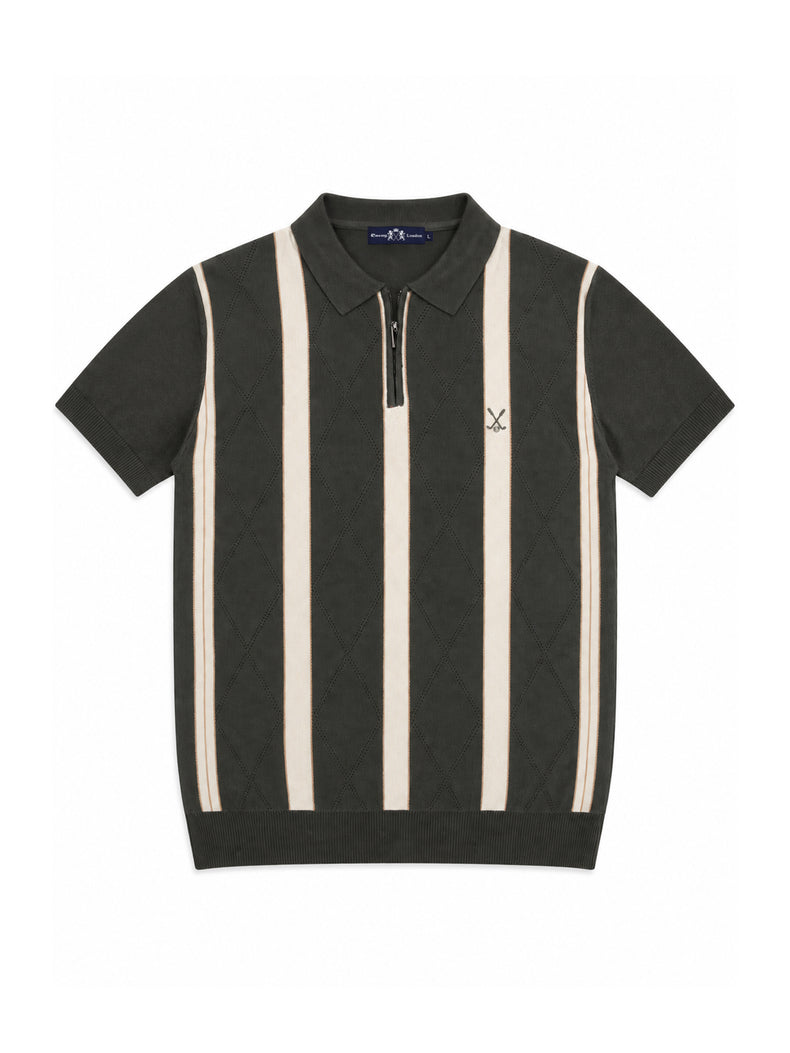 Dark Green Striped Geometric Knit Polo Shirt