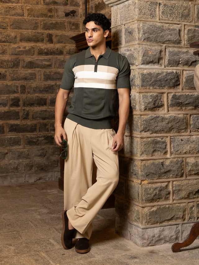 Dark Green Striped Regular Fit Knit Polo