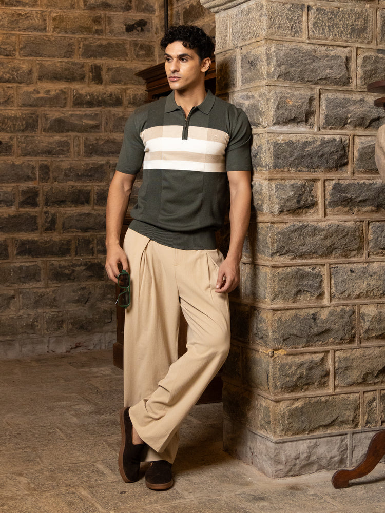Dark Green Striped Regular Fit Knit Polo
