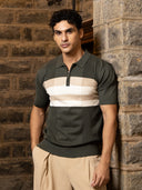Dark Green Striped Regular Fit Knit Polo