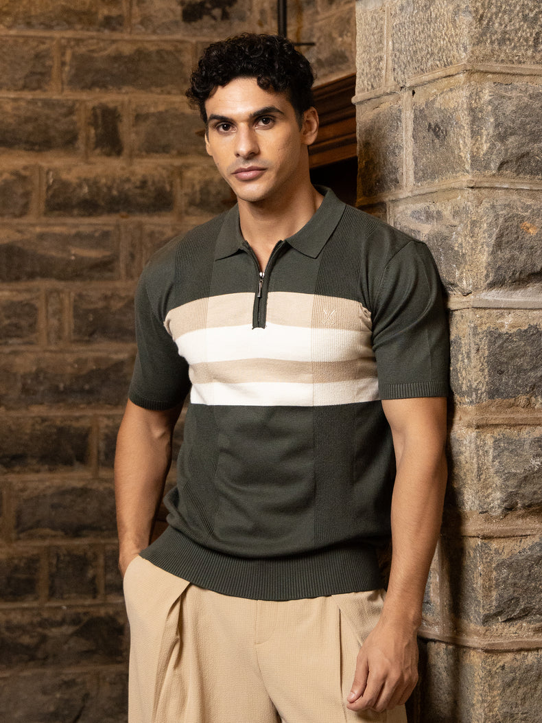 Dark Green Striped Regular Fit Knit Polo