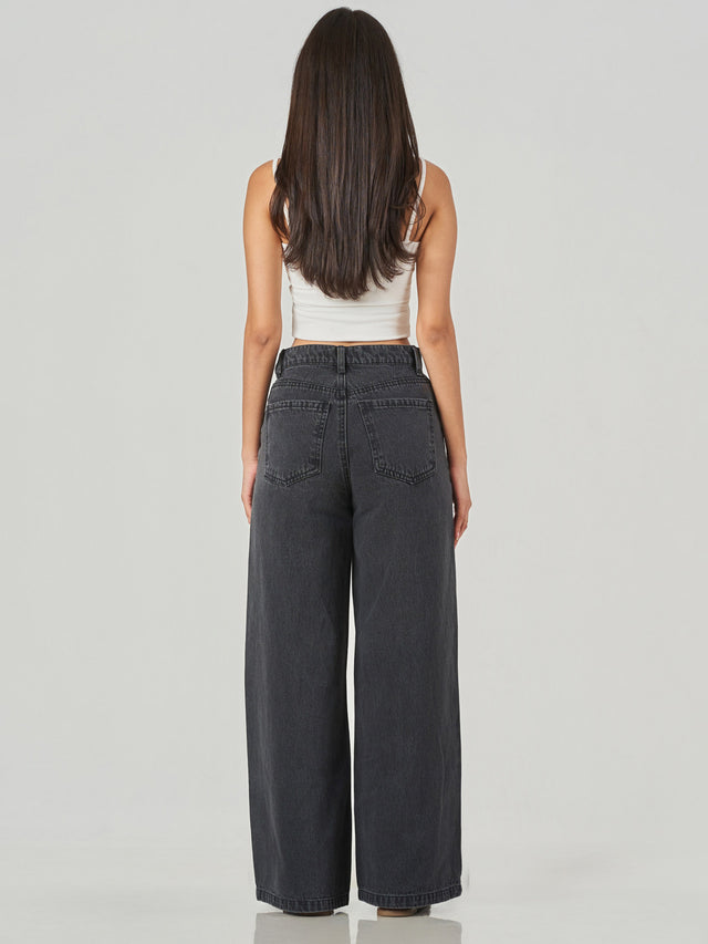 Black Cotton Blend Oversized Wide Leg Jeans