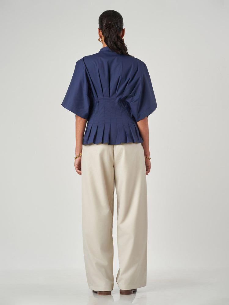 Dark Blue Pleated Tunic Collar Shirt