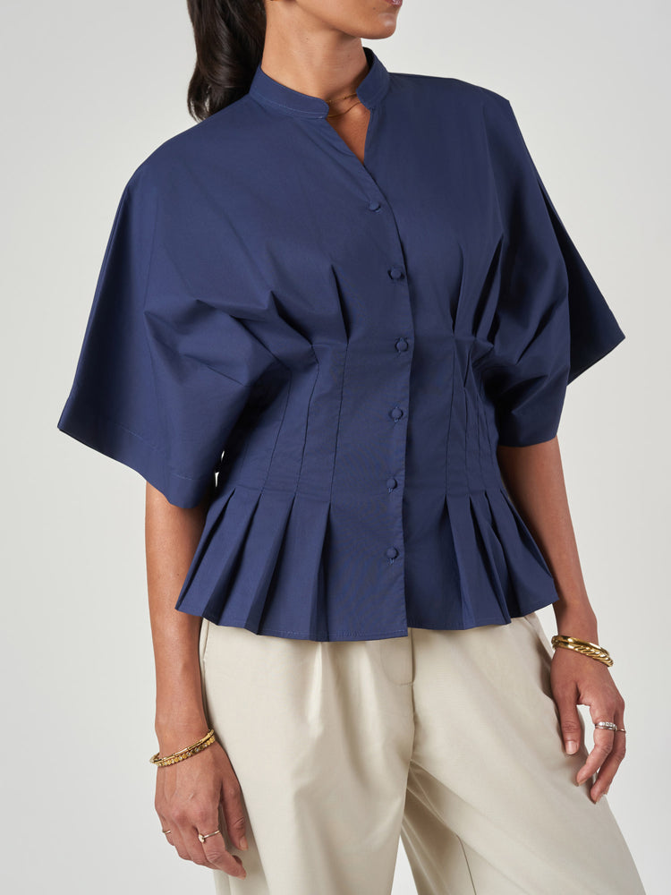 Dark Blue Pleated Tunic Collar Shirt