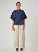 Dark Blue Pleated Tunic Collar Shirt