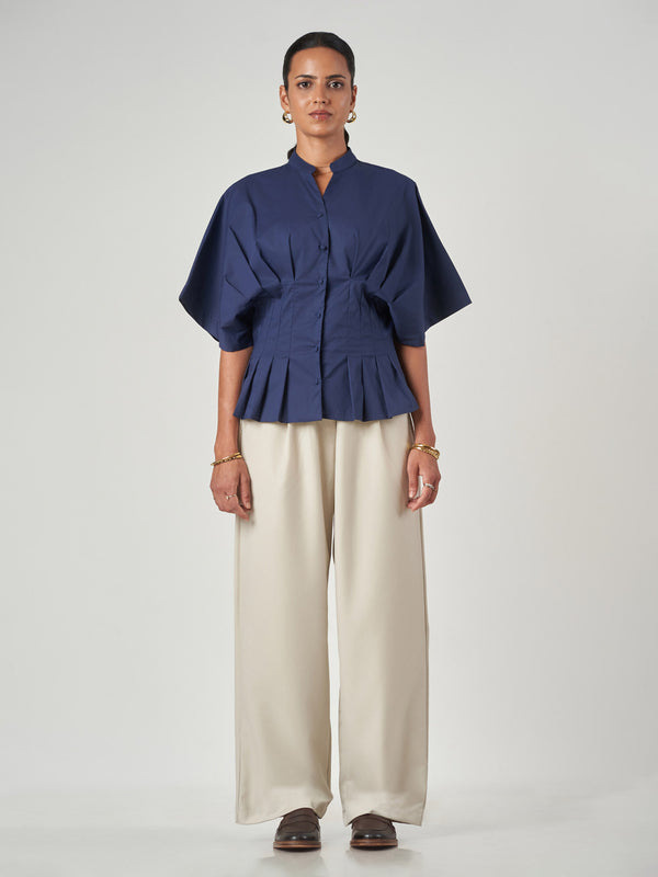 Dark Blue Pleated Tunic Collar Shirt