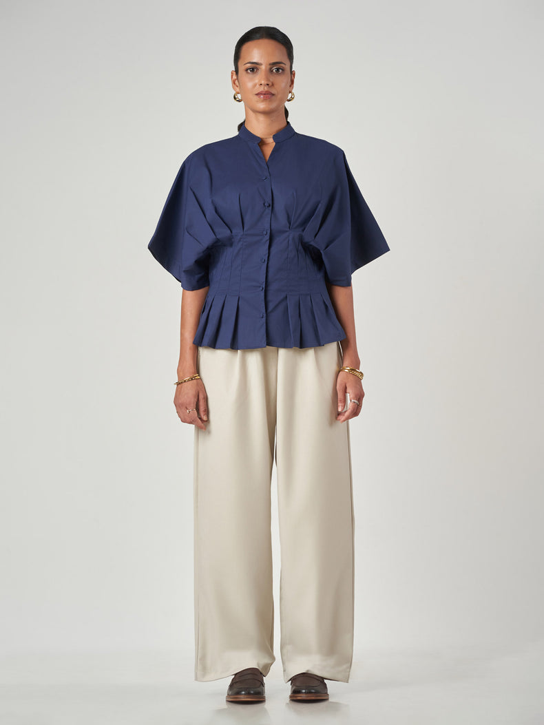 Dark Blue Pleated Tunic Collar Shirt