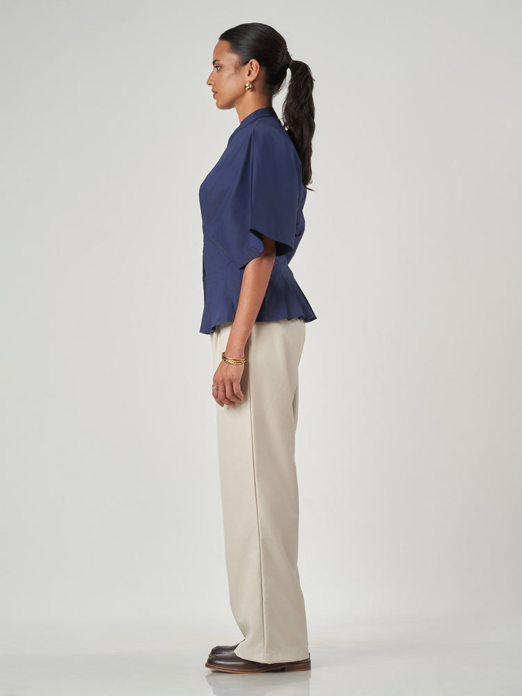 Dark Blue Pleated Tunic Collar Shirt