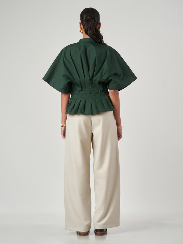 Forest Green Pleated Tunic Collar Shirt