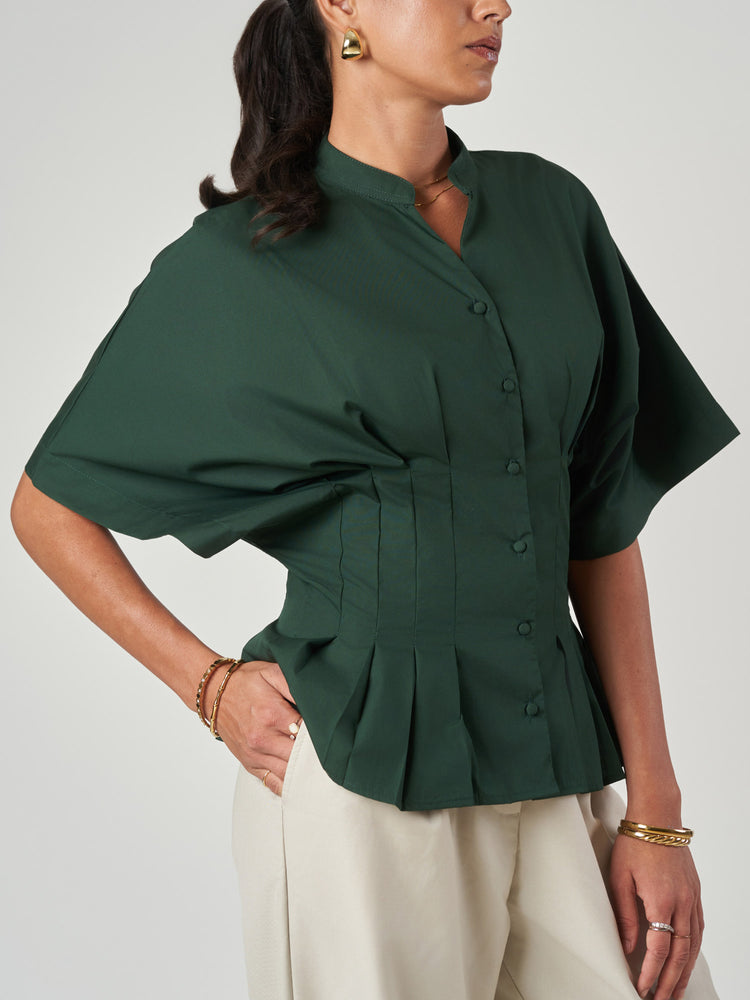 Forest Green Pleated Tunic Collar Shirt