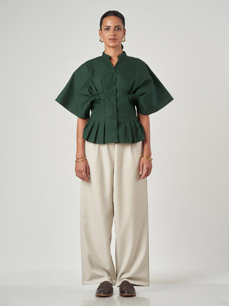 Forest Green Pleated Tunic Collar Shirt