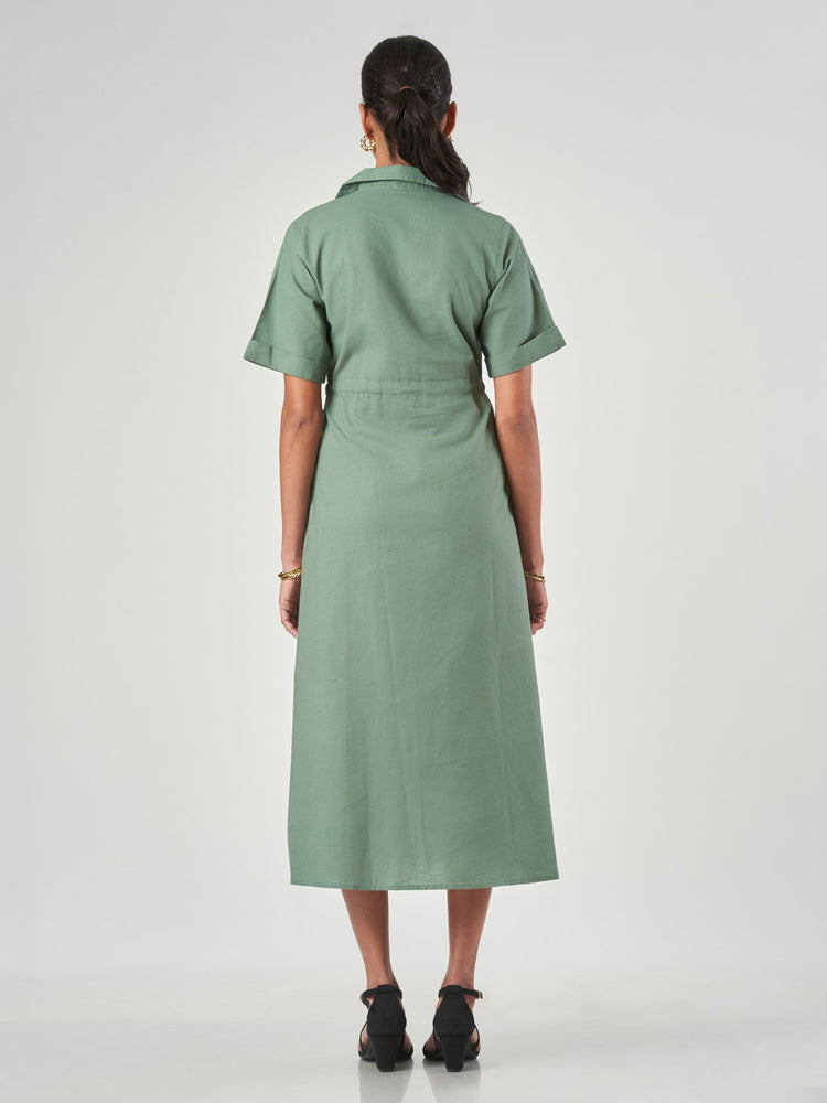 Green Cotton Linen Drawstring Waist Midi Dress