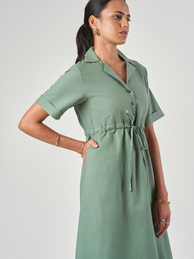 Green Cotton Linen Drawstring Waist Midi Dress
