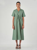 Green Cotton Linen Drawstring Waist Midi Dress