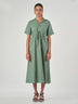 Green Cotton Linen Drawstring Waist Midi Dress