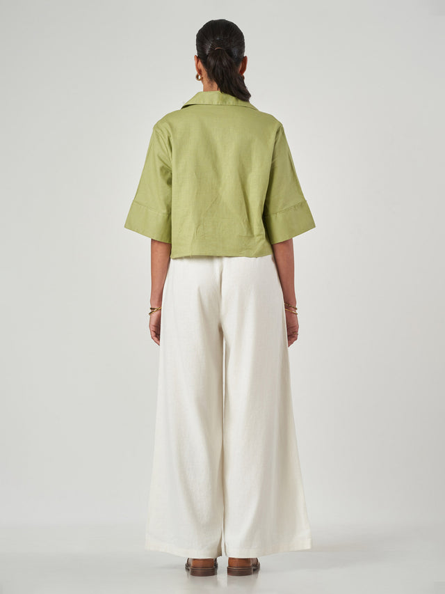 Green Cotton-Linen Oversized 3/4 Sleeve Shirt