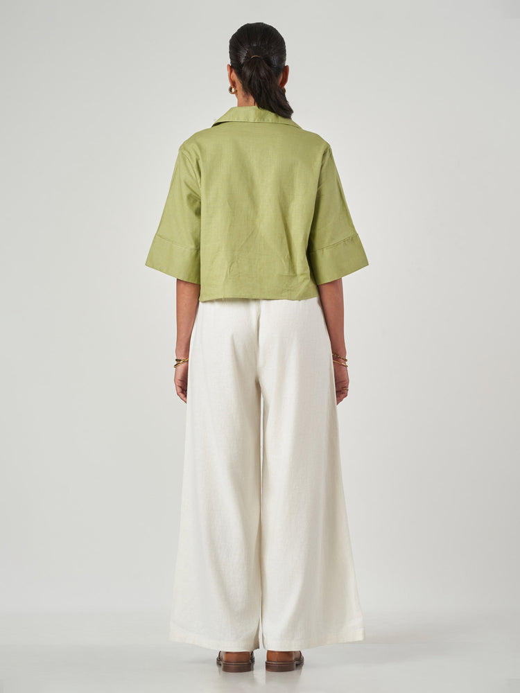 Green Cotton-Linen Oversized 3/4 Sleeve Shirt