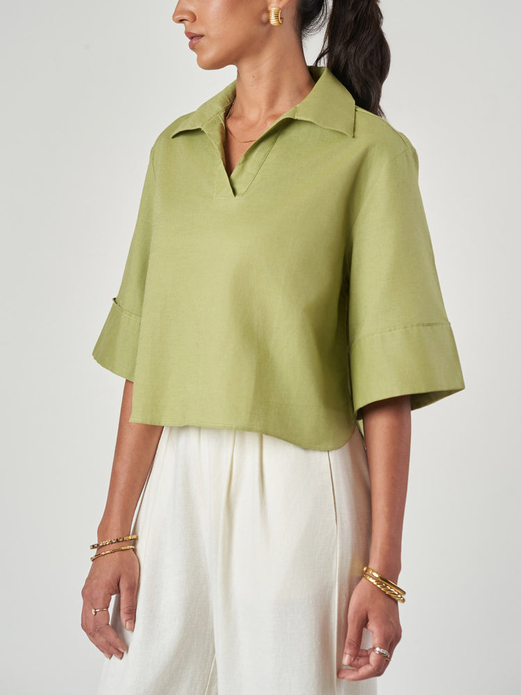 Green Cotton-Linen Oversized 3/4 Sleeve Shirt