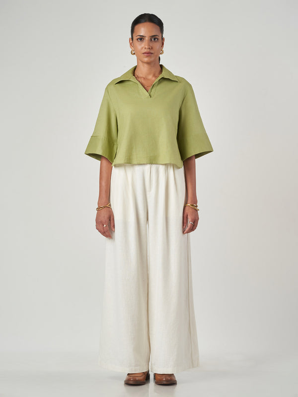 Green Cotton-Linen Oversized 3/4 Sleeve Shirt