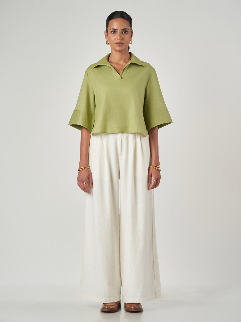 Green Cotton-Linen Oversized 3/4 Sleeve Shirt