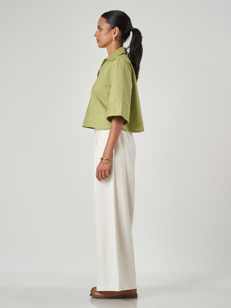 Green Cotton-Linen Oversized 3/4 Sleeve Shirt