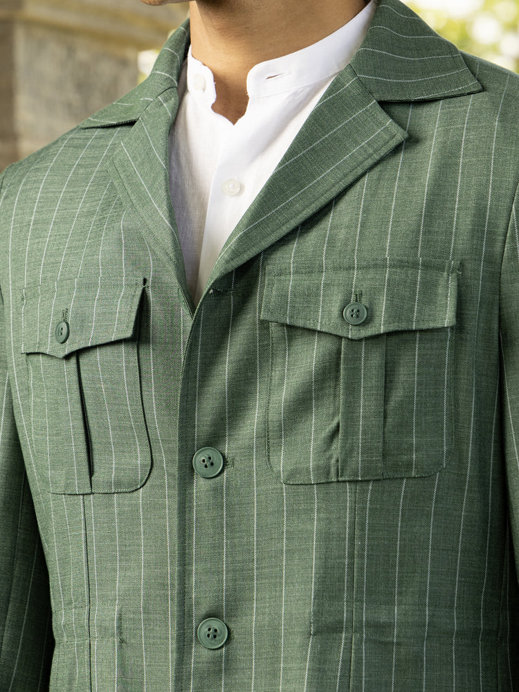 Green Pinstripe Tailored Fit Safari Jacket