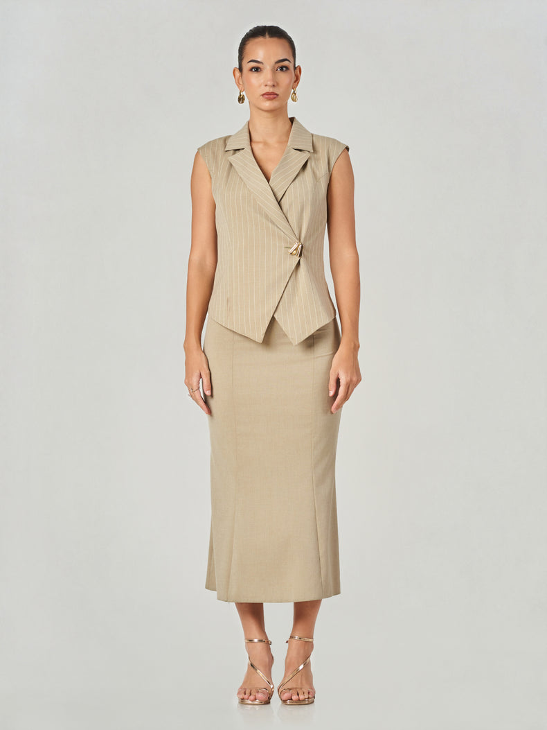 Pinstriped Wrap Vest Midi Skirt Set