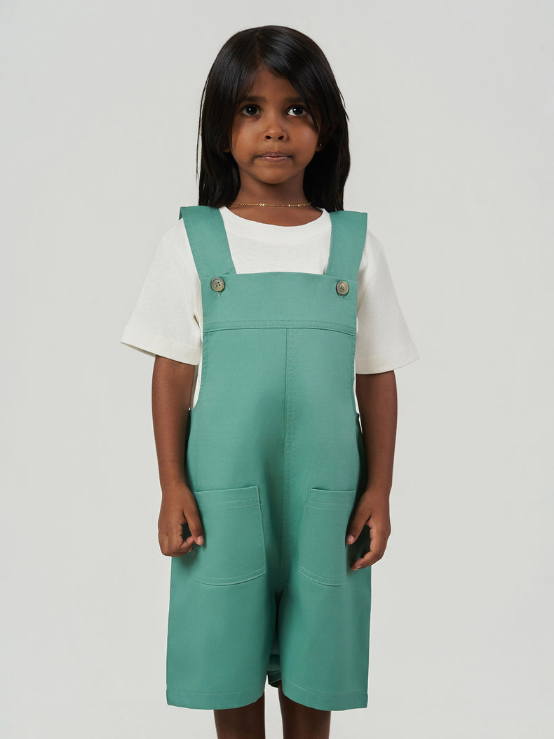 Green Solid Regular Fit Button Strap Dungaree