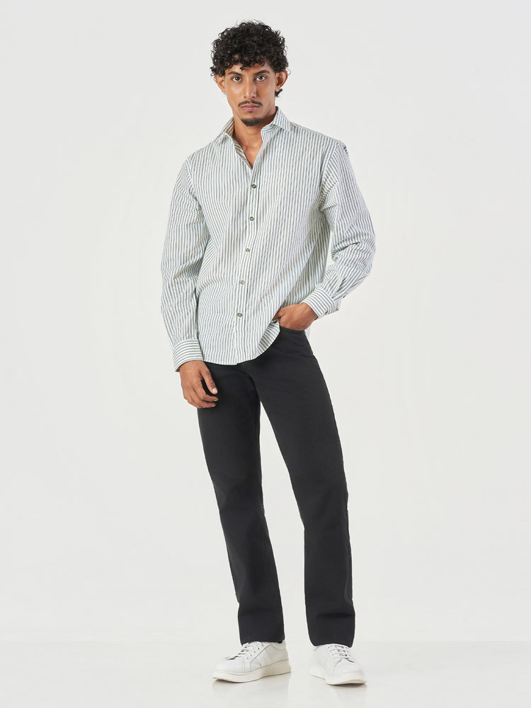 Green Striped Cotton Lounge Fit Shirt