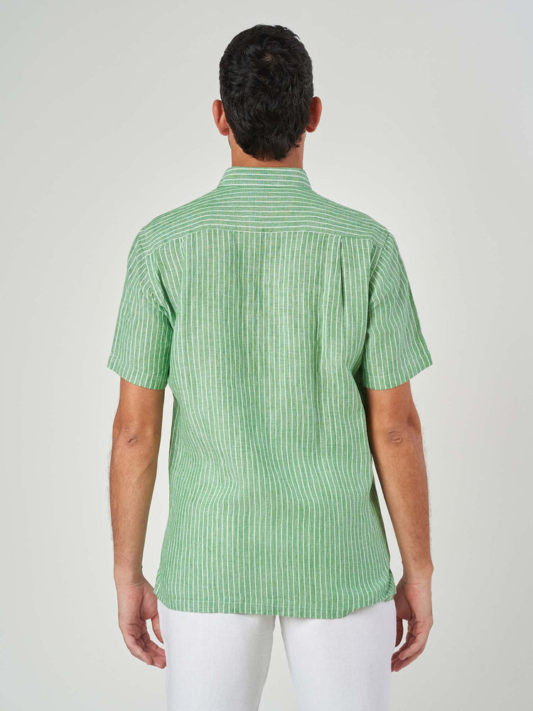 Green Striped Linen Regular Fit Shirt
