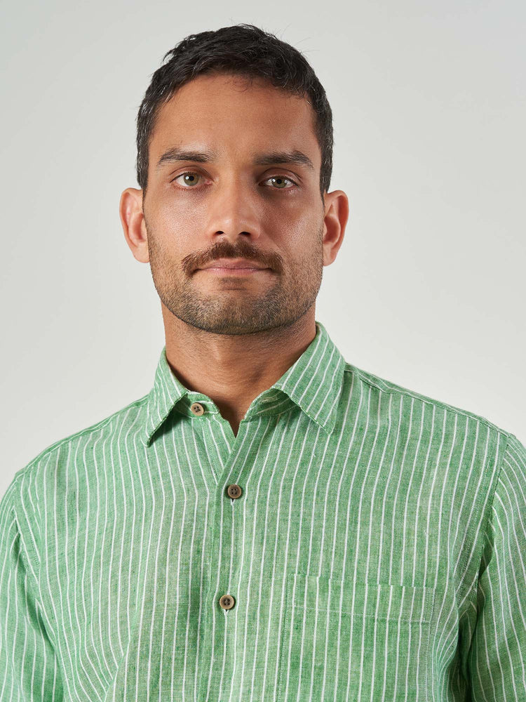 Green Striped Linen Regular Fit Shirt