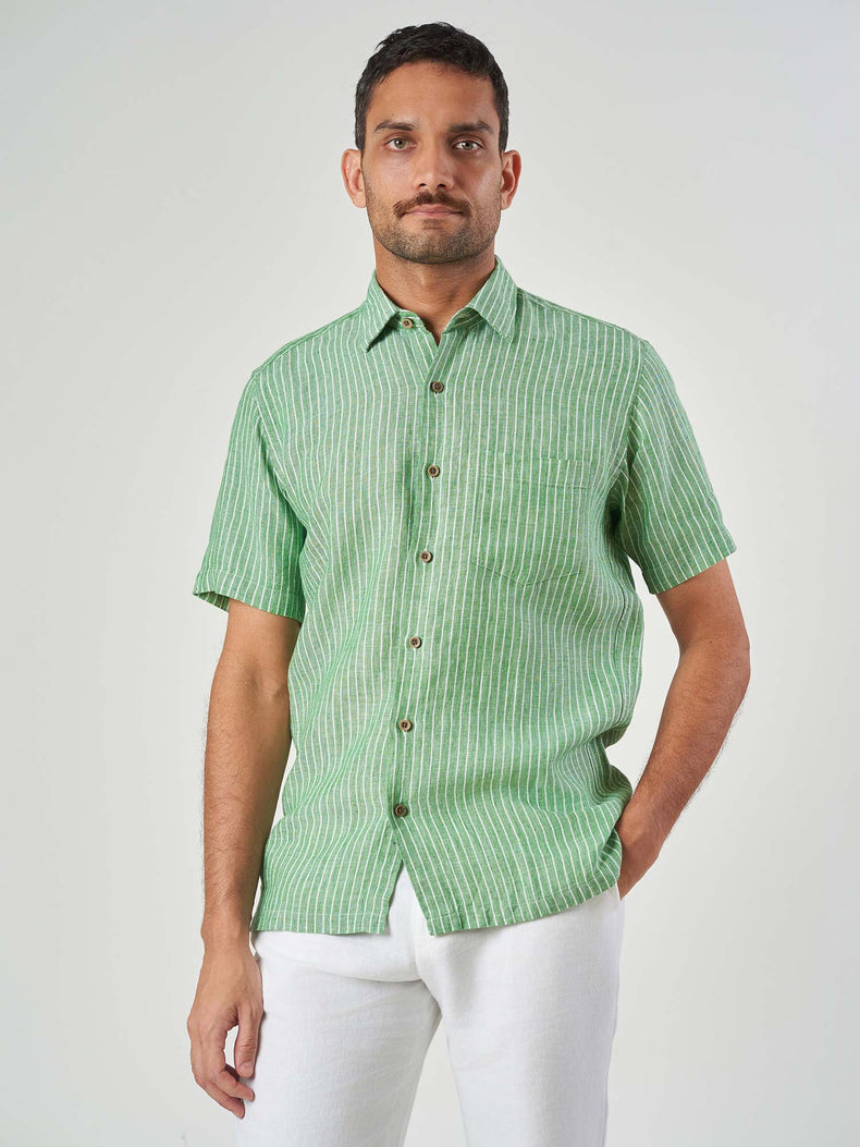 Green Striped Linen Regular Fit Shirt