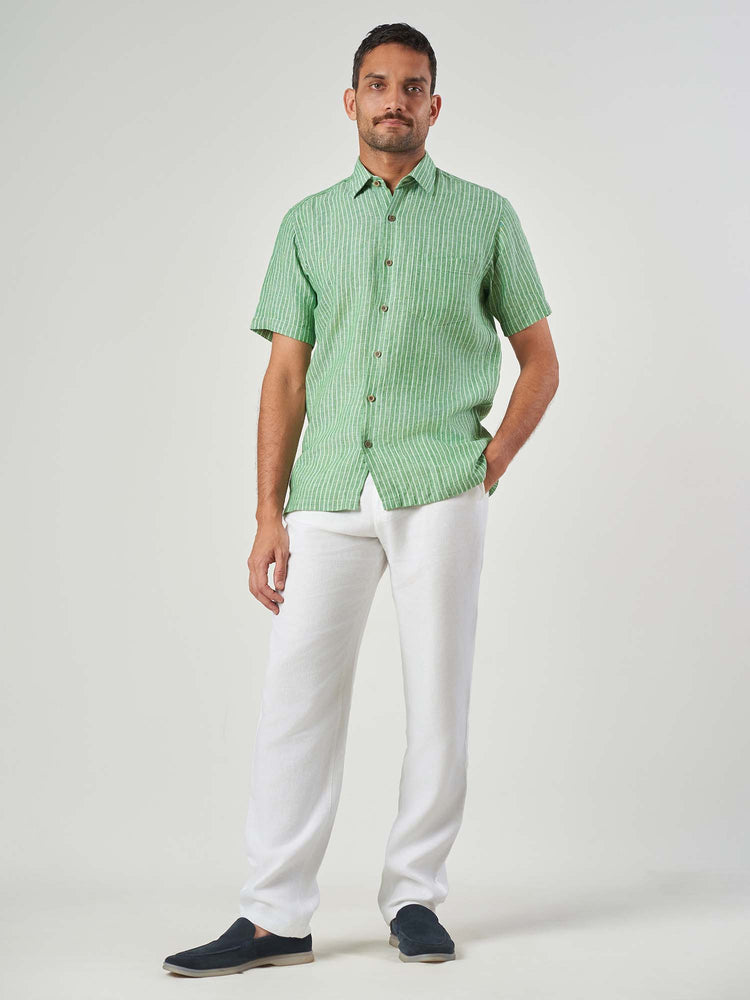 Green Striped Linen Regular Fit Shirt