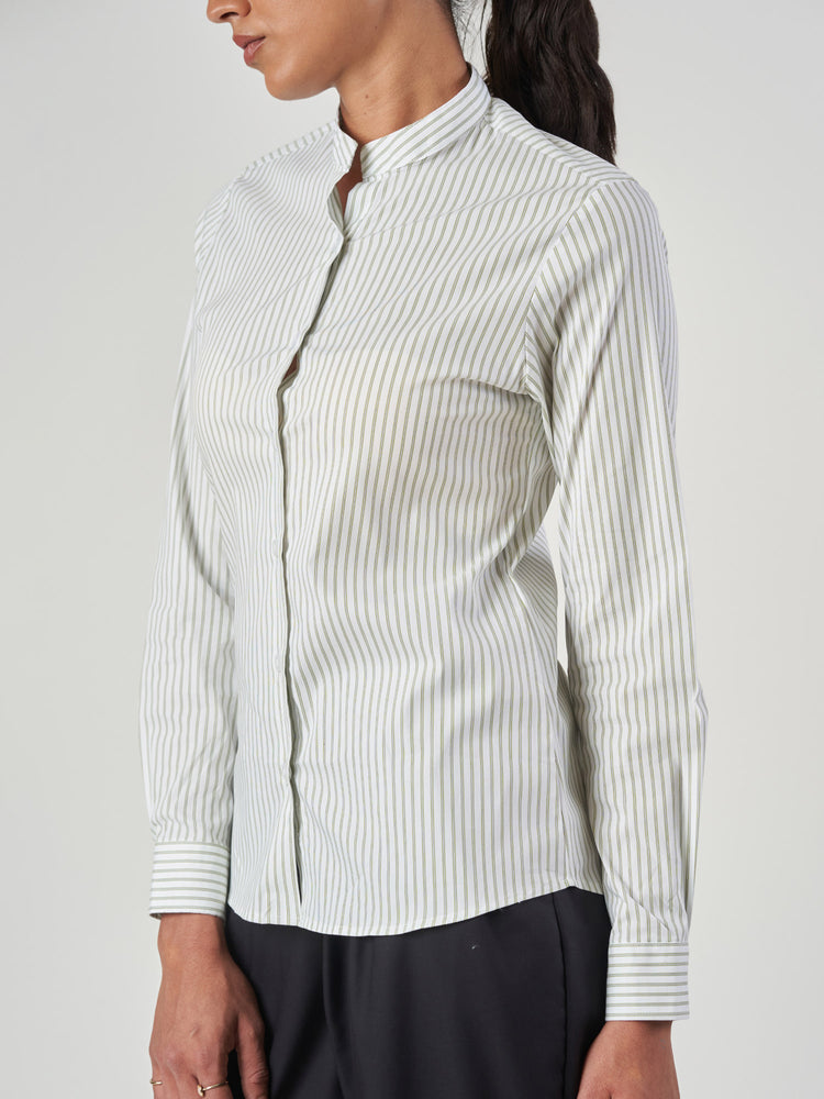 Green Striped Tunic Collar Formal Shirt