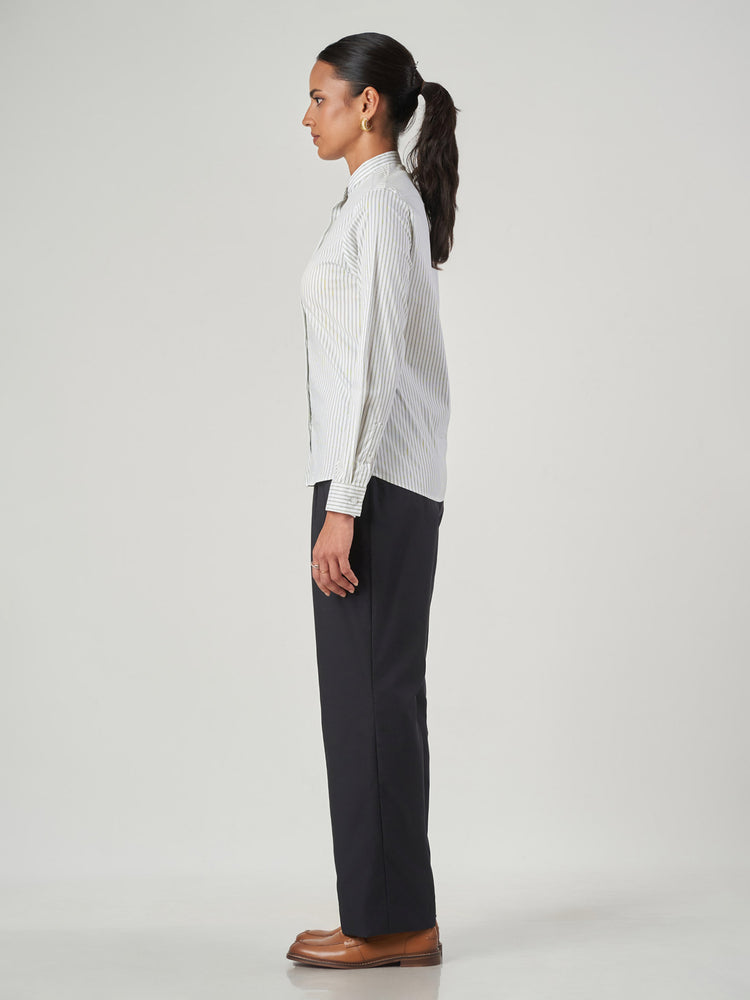 Green Striped Tunic Collar Formal Shirt