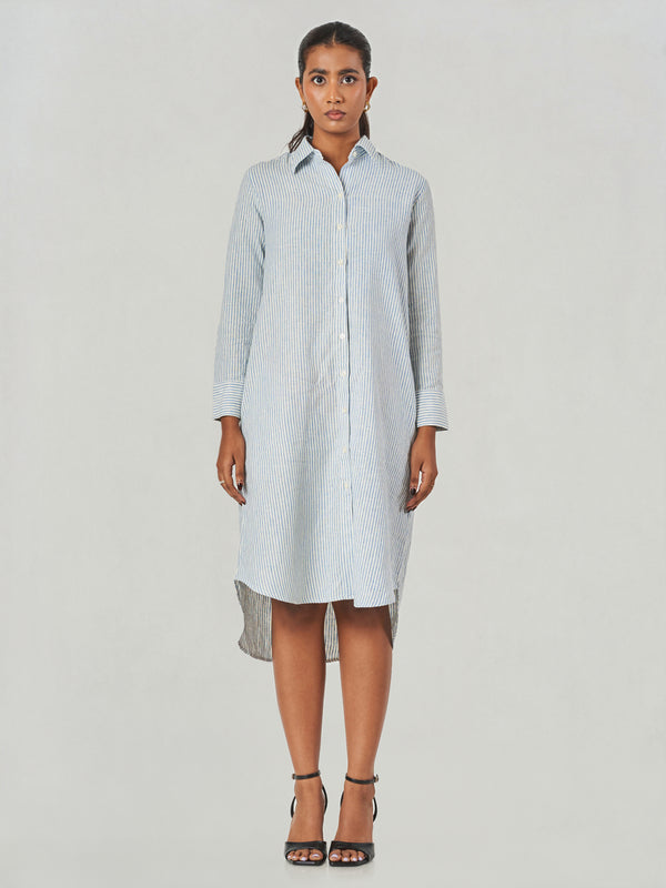 Striped Viscose Linen Relaxed Midi Shirt Dress