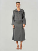 Grey Pinstripe Cropped Jacket & Midi Skirt Set