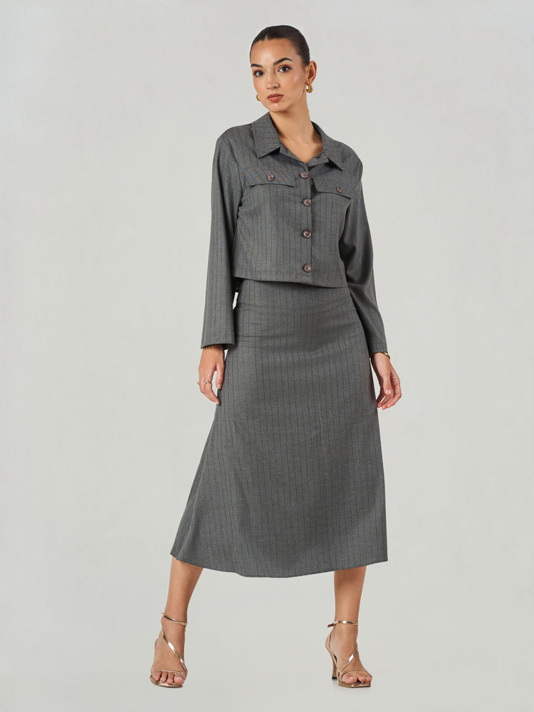 Grey Pinstripe Cropped Jacket & Midi Skirt Set
