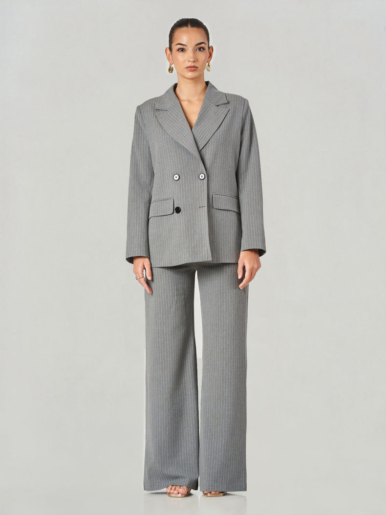 Grey Pinstripe Double-Breasted Wide-Leg Suit