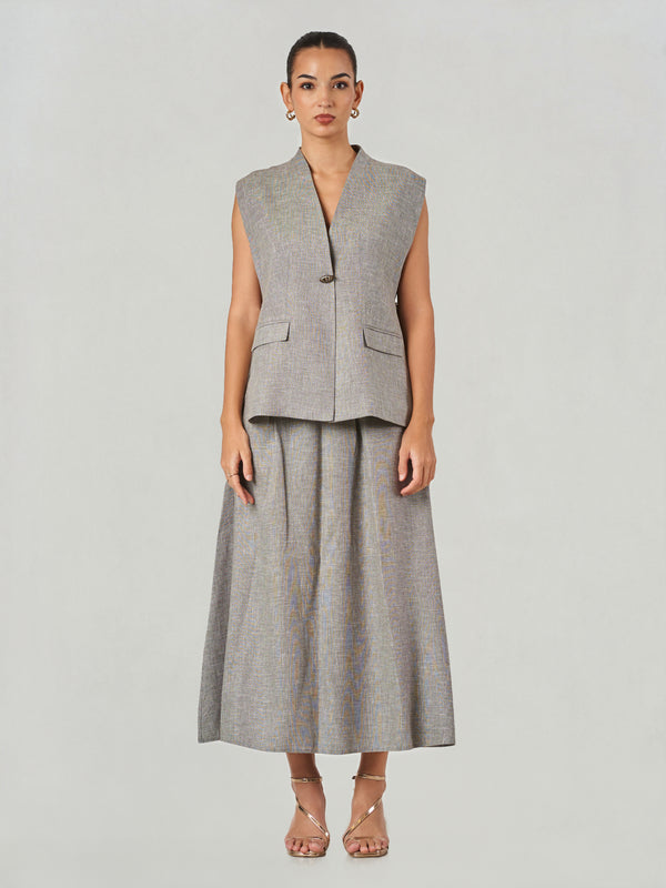 Linen Blend Sleeveless Vest Skirt Set