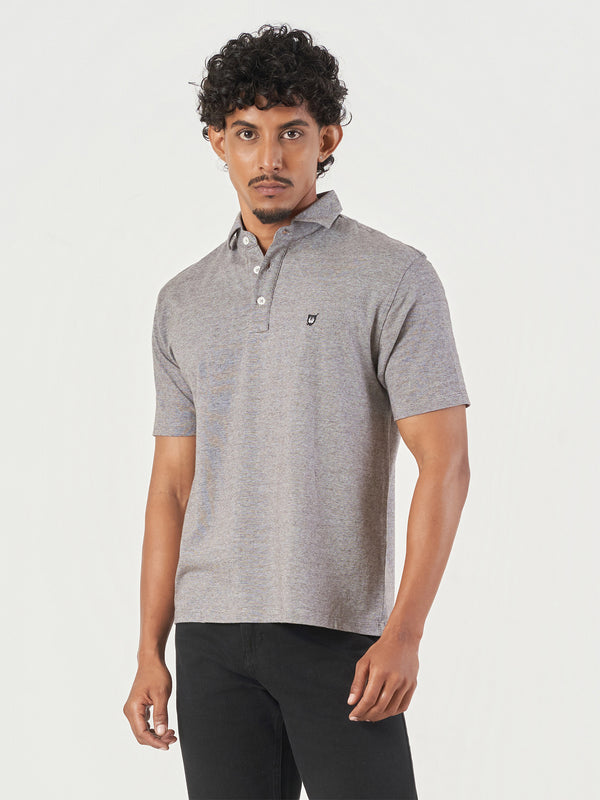 Grey Striped Cotton Polo T-Shirt