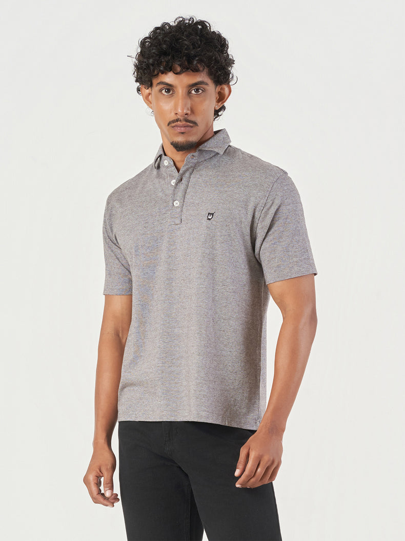 Grey Striped Cotton Polo T-Shirt